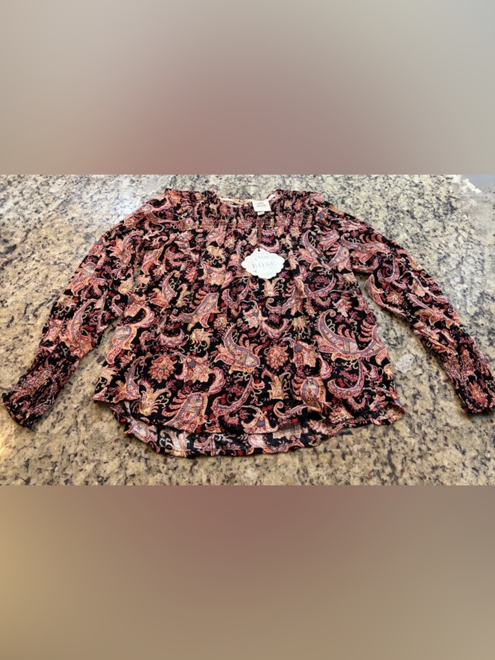 Knox Rose Black Paisley Print Smocked Neck Blouse